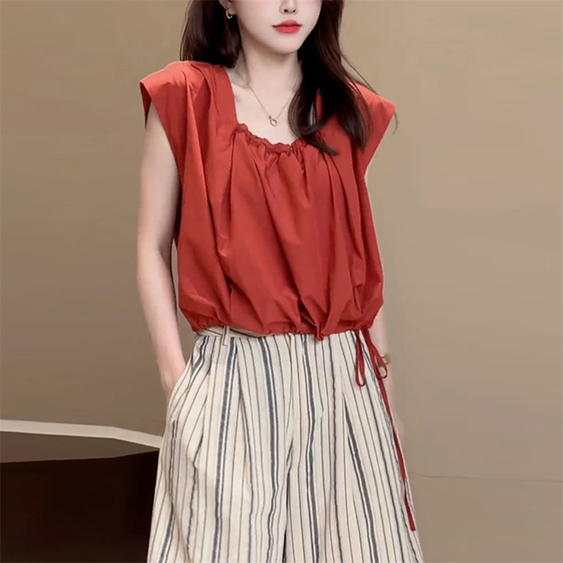 French-Style High-End Loose Short Sleeveless U-Neck Drawstring Pleated Harajuku Style Casual Solid Color Shirt for Women Summer