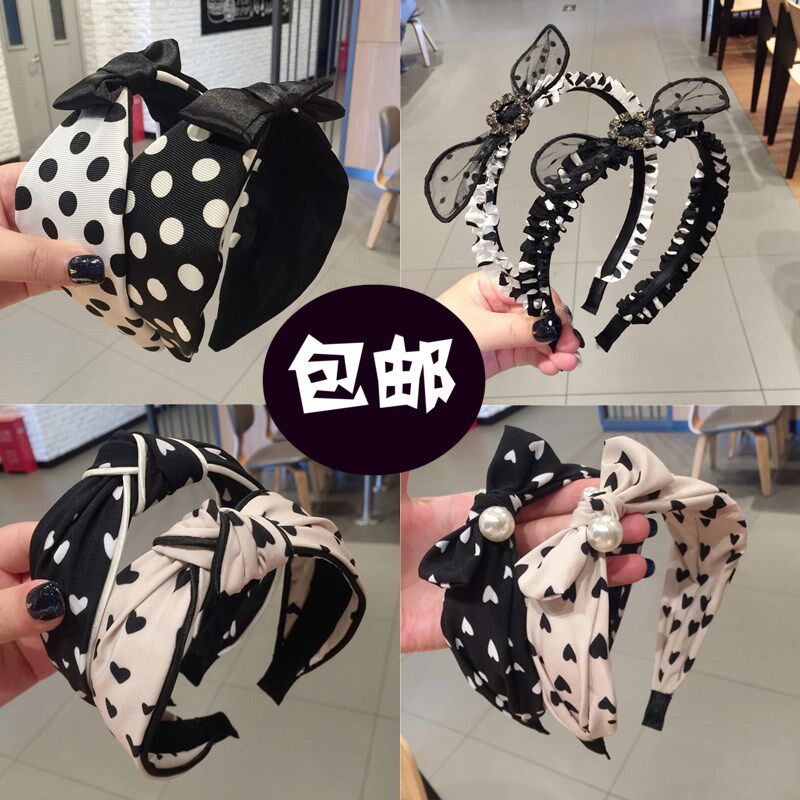 Press hair hair band female black and white wave point spring and summer wave point bow hair band wide edge press hair bangs headdress fabric