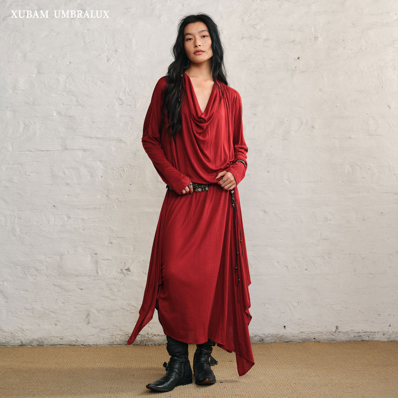 【Xuanban Xubam】Vintage Ethnic Style Flared Collar Long-Sleeve Lightweight Knit Atmospheric Nomadic Long Dress