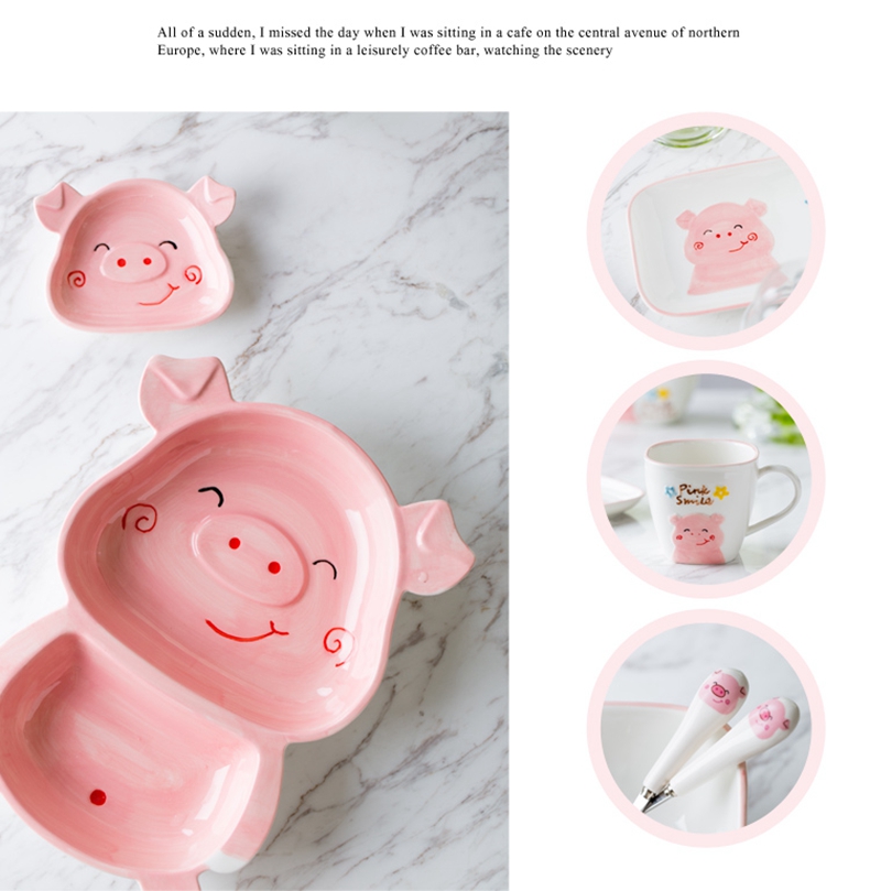 The New hand - drawn cartoon pig ceramic dish bowl bowl, small spoon, children cutlery set plate express it in animals