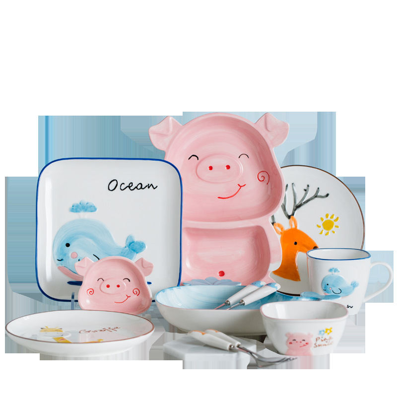 The New hand - drawn cartoon pig ceramic dish bowl bowl, small spoon, children cutlery set plate express it in animals