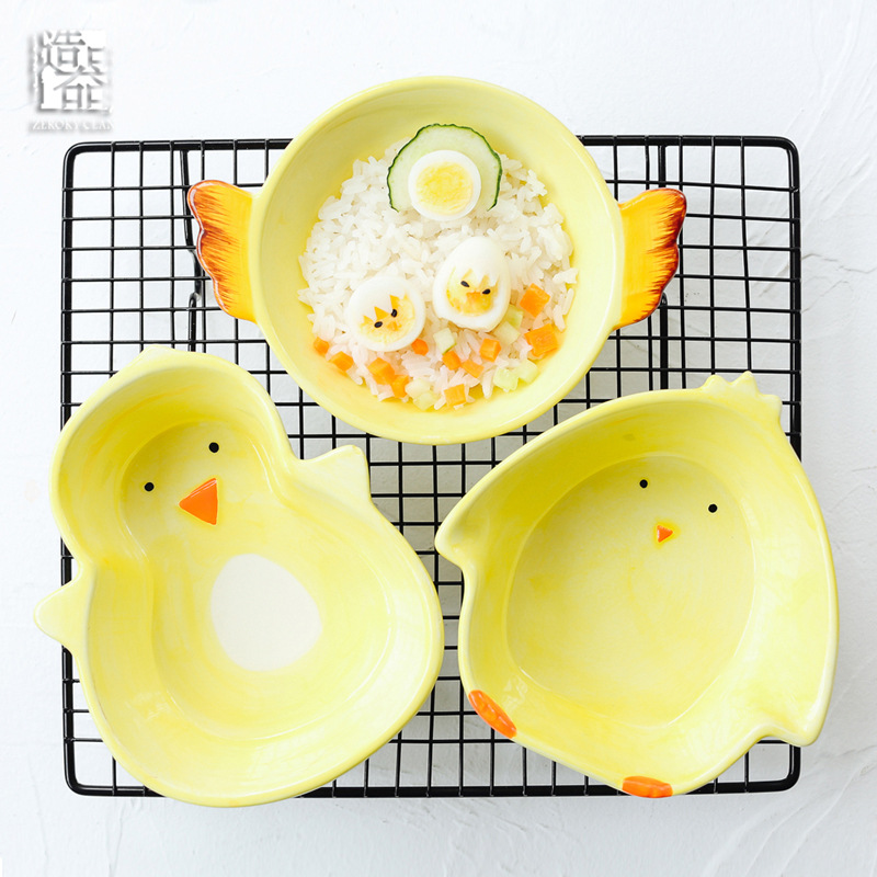 Express cartoon baby chicks eat rice bowl bowl dish of children assist food bowl of hand - made of ceramic tableware bowl dish plate