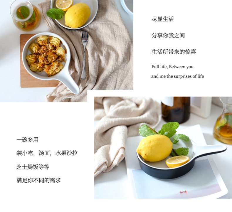 The Nordic matte enrolled porcelain bake bowl with The handle restaurant oven baked cheese bowl household fruit salad bowl