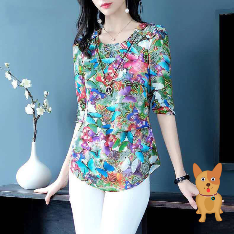 T-shirt mid-sleeve female butterfly new blouses 2020 Summer new and less age large size Cracked Flowers and Lean Foreign Pie