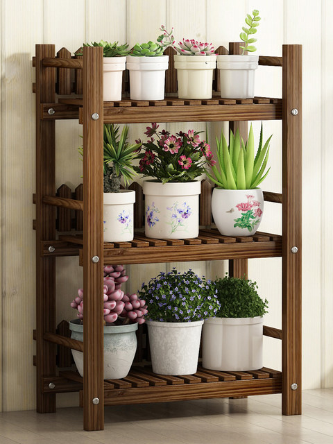 Solid Wood Flower Stand, Anti-Corrosion, Indoor Multi-Layer Balcony Living Room Storage, Potted Plants, Green Radish, Succulents, Wrought Iron, Floor-Standing, Simple