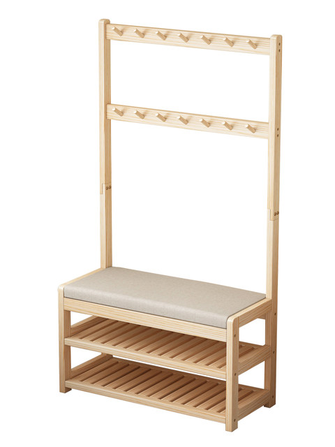 Solid Wood Coat Rack, Home Entryway Shoe Rack, Multifunctional Integrated Shoe-Changing Bench, Door-Side Clothes Hook, Entryway Floor-Standing Shoe Cabinet