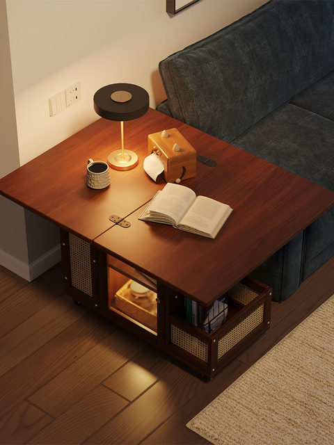 Lightly Elegant Style Bamboo Folding Table, Living Room Sofa Side Table with Storage Compartment, Multifunctional Small Coffee Table, Movable Sofa Table