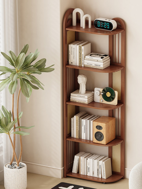 Plastic Rattan Corner Storage Rack for Home Use, Vintage-Style Corner Storage Cabinet for Living Room, Sofa Side Triangle Storage Shelf