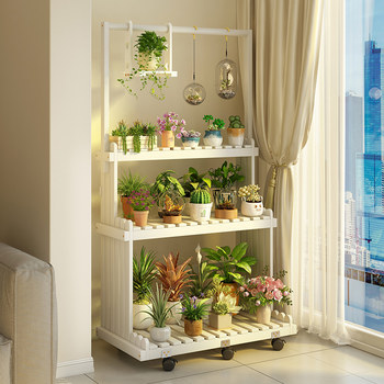 Solid Wood Flower Stand, Multi-Layer Indoor Movable Balcony Living Room Succulent Floor-Standing Storage Rack, Simple Storage Shelf