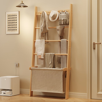 Solid Wood Floor-Standing Coat Rack, Simple and Modern Household Clothes Rack, Multi-Functional Storage Rack, Bedroom Bedside, Living Room