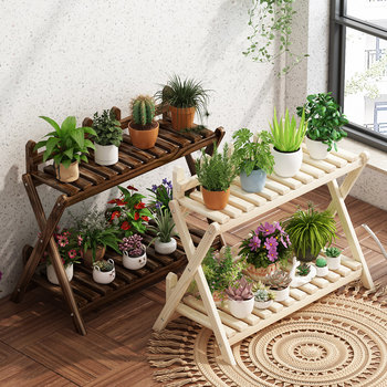 Solid Wood Small Flower Stand Multi-Layer Cross-Shaped Storage Rack Indoor Living Room Balcony Flower Stand Floor-Standing Storage Flower Rack