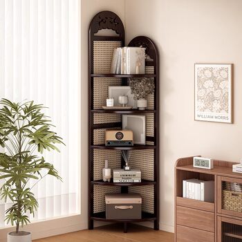 Corner Bookshelf, Floor-Standing Multi-Layer Bookcase, Retro Rattan Corner Cabinet, Living Room Wall-Mounted Storage Rack