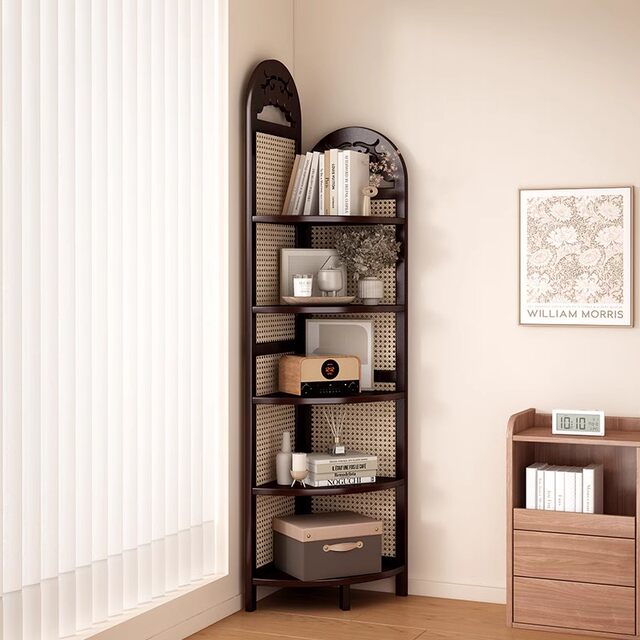 Corner Bookshelf, Floor-Standing Multi-Layer Bookcase, Retro Rattan Corner Cabinet, Living Room Wall-Mounted Storage Rack