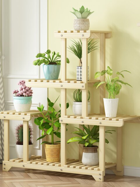 Flower Stand Balcony Garden Flower Pot Rack Modern Simple Solid Wood Multi-Layer Indoor Living Room Storage Rack Green Radish Succulent Rack