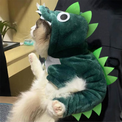 Kitten Clothes for Autumn and Winter, Flannel Funny Dinosaur Costume, Ragdoll Blue Cat Warm Anti-Shedding Pet Winter Clothes