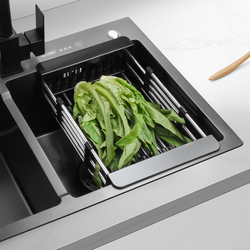 Kitchen Sink Drain Basket Stainless Steel Telescopic Frame Naughty Wash Vegetable Basin Wash Fruit Multifunction Leaks Rectangular Black