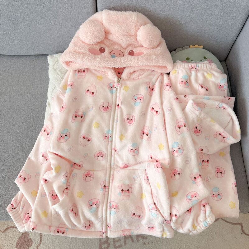 Cartoon-Themed, Thick, Pink, Long-Sleeved, Long-Pants Pajama Set for Women, Featuring a Sweet and Cute Style, Made of Flannel, with a Hood, Perfect for Autumn and Winter