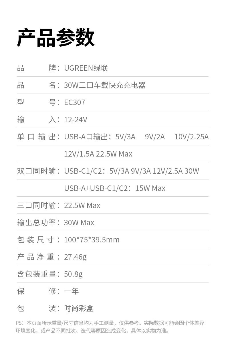 【中国直邮】 绿联 车充1个  (30W+30W+25W) 三口 USB+C+C 总输出30WMax 车载快速充电器
