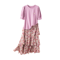 Semei 1 store (stretch cotton polyester fiber e r) round neck puff short sleeve flower skirt fashion suit