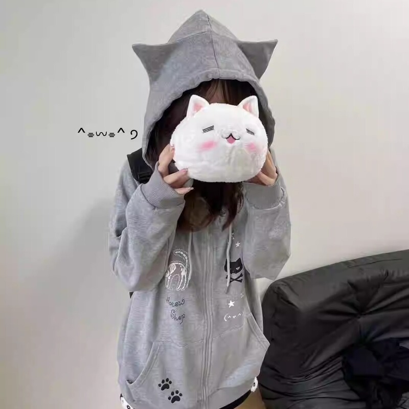 Original Skull Cat Gray Hoodie with Cat Ears and Cat Print, Light and Comfortable Style for Cat Lovers Original Skull Cat Gray Hoodie with Cat Ears and Cat Print, Light and Comfortable Style for Cat Lovers