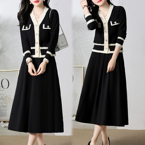 Осенний лонгслив, модный комплект, юбка, в стиле Шанель, в западном стиле, изысканный стиль