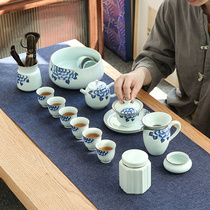 Ceramic kung fu tea set home guests tea maker whole set of living room blue and white teapot Cup gift box