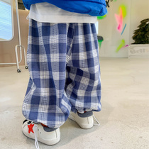Fart Same-style Light Cage Pants Children Mosquito-Proof Pants Slim PANTS BABY PURE COTTON BLUE BROADLEGGED PANTS BOY PLAID PANTS