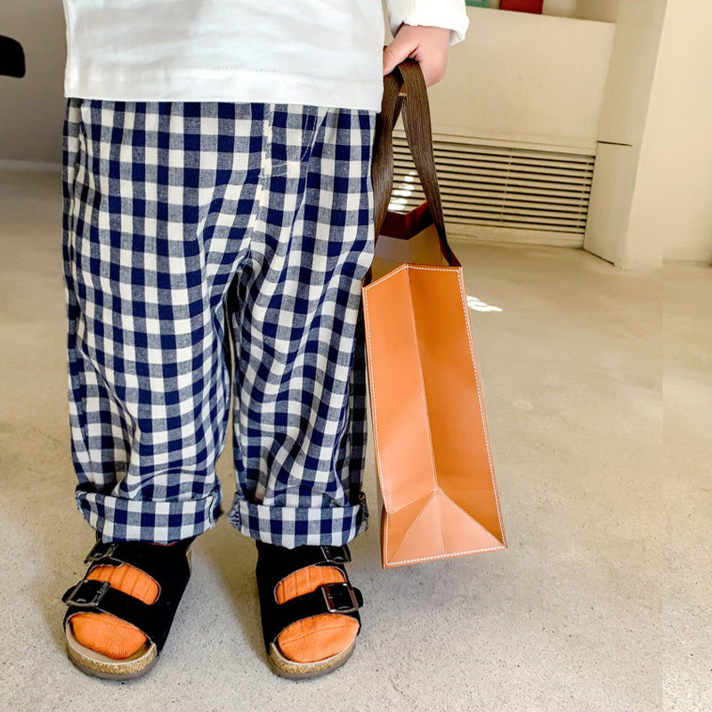 Baby black and white plaid pants 2021 spring and autumn thin children's straight trousers casual handsome boys wide-leg pants