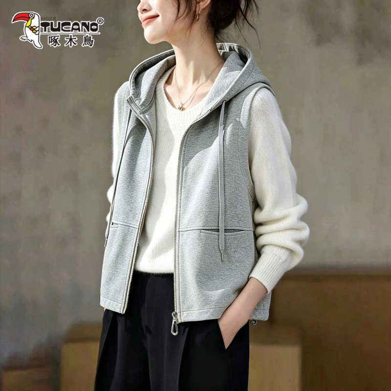 Woodpecker Knitted Hooded Vest for Women, Autumn 2026 New Versatile Cardigan Jacket, Gray Zipper Short Jacket for Women