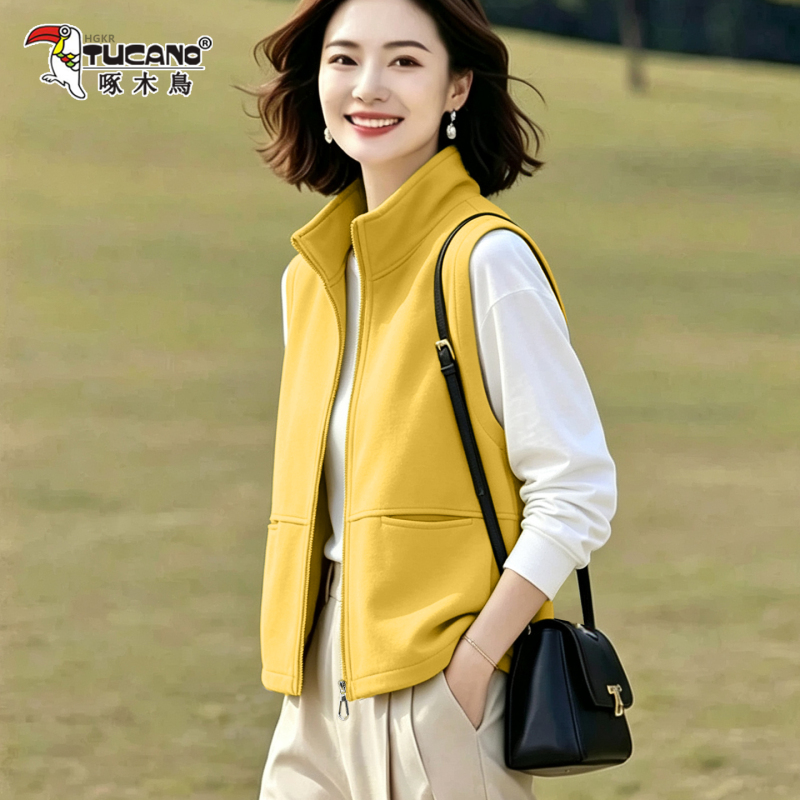 Woodpecker Short Vest for Petite Women with Stand Collar, New Autumn Style, Loose Fit, Versatile, Casual, Age-Reducing Vest Jacket