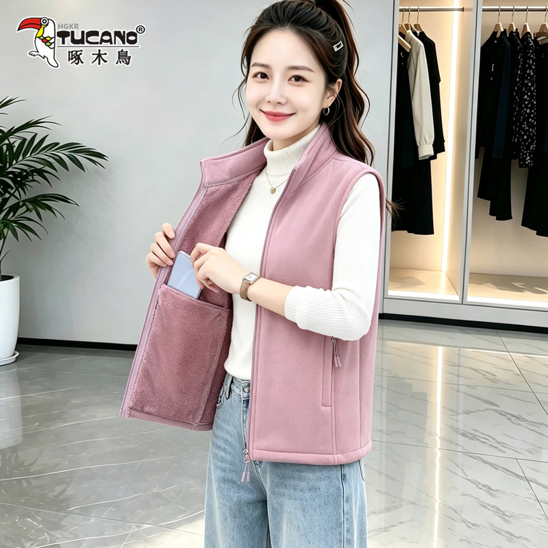 Woodpecker Fleece Vest for Women 2026 New Autumn and Winter Stand Collar Thickened Warm Vest Fleece Gilet