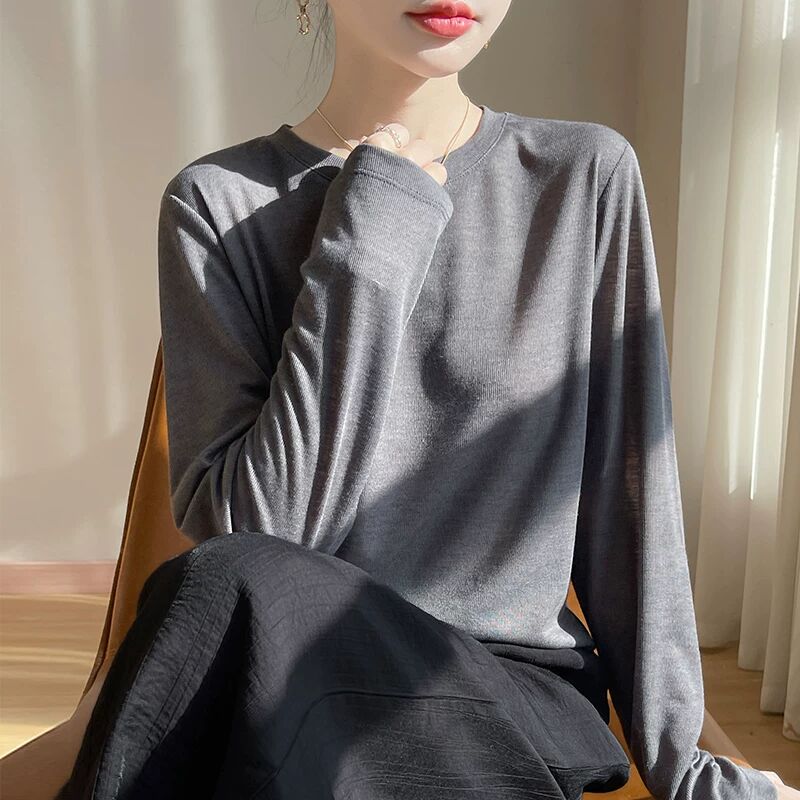 莱赛尔天丝短袖T恤女26春夏薄款圆领针织毛衣宽松长袖打底衫上衣