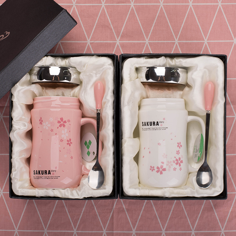 Mark cup with cover spoon individuality creative trend tea house getting water glass ceramic coffee cup Japanese cherry blossom put cup