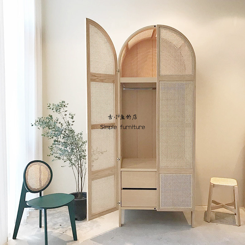 Ancient fish solid wood rattan woven wardrobe Simple solid wood frame bed and breakfast hotel large wardrobe Korean ins wind storage cabinet