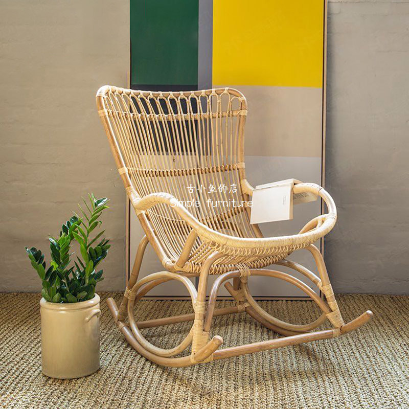 Ancient small fish true rattan rocking chair adult recliner ins leisure home lunch chair balcony lazy chair backrest rattan chair