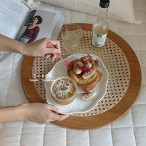 Ancient small fish rattan decorative plate ins ornaments Korea photo props round food tray solid wood retro jewelry