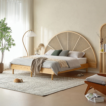 Rattan bed Japanese solid wood bed ash wood 1 8 meters 1 5 master bedroom bed Nordic double bed creative retro furniture
