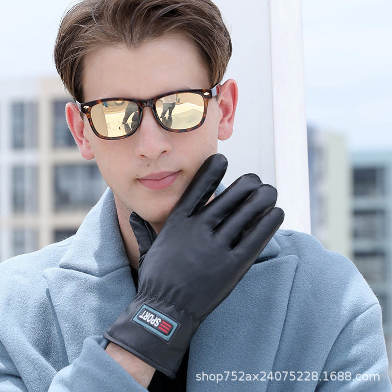 Autumn and winter new thickened pure PU touch screen simulation leather gloves men's windproof cold-proof warm plus velvet outdoor skiing