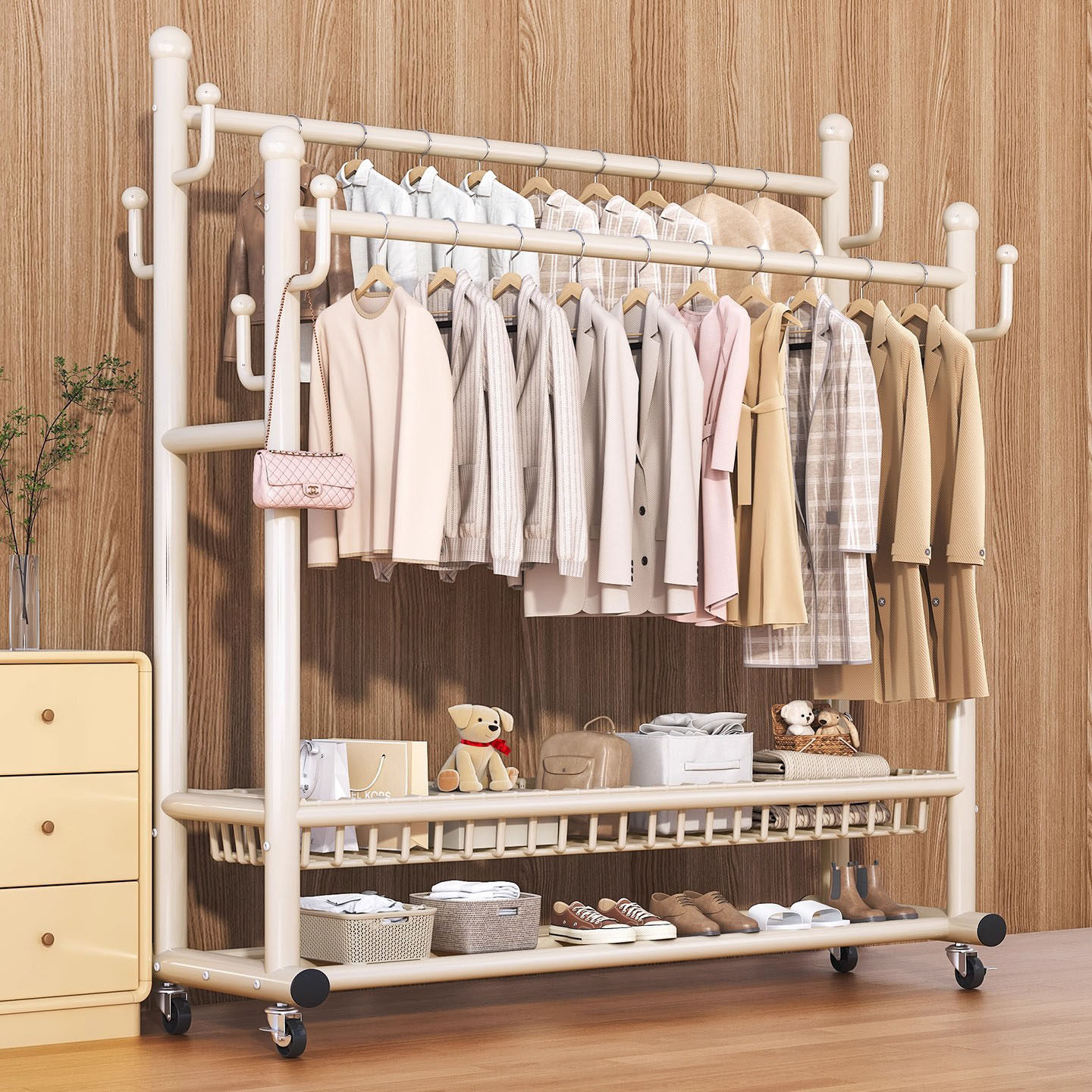 German Double-Rod Coat Rack, Household Floor-Standing Multi-Functional Bedroom Movable Clothes Rack, Thickened Simple Storage Rack