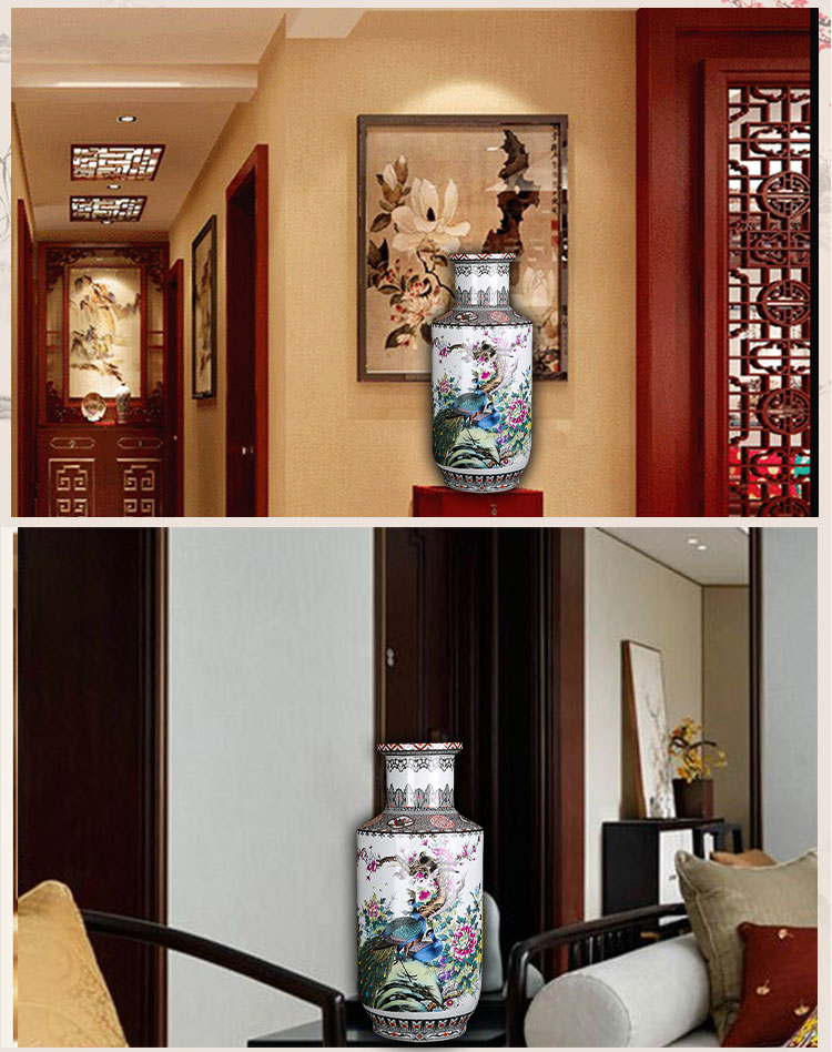 Jingdezhen ceramics large vase sitting room place Chinese peony riches and honour auspicious figure peacock fireworks bottle arranging flowers