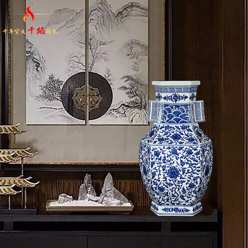 Jingdezhen ceramics mesa blue and white porcelain vase bound branch lotus ears six sides square bottle of traditional Chinese style living room decoration