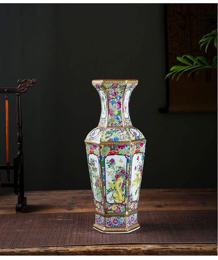 Jingdezhen ceramics vase archaize colored enamel six surface edge household adornment flower arranging furnishing articles of Chinese style restoring ancient ways