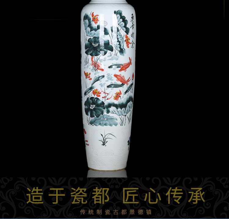 Jingdezhen ceramics fish landing big vase hand - made blooming flowers, auspicious peony lotus opening hotel furnishing articles