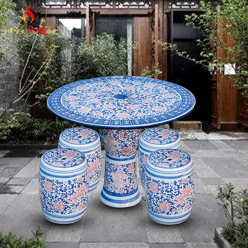 Jingdezhen ceramic table who suit round table antique blue and white porcelain is suing courtyard garden chairs hand - made lotus flower