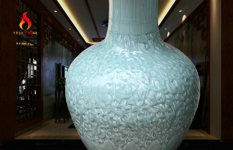 Thousands of flame jingdezhen ceramics vase landing shadow celadon carved lotus flower design Chinese put mesa