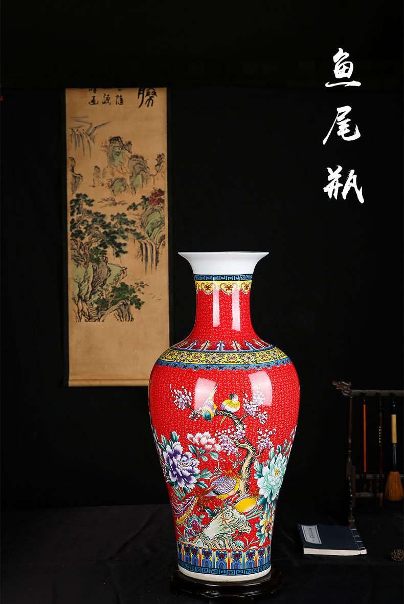 Jingdezhen ceramics vase landing red flower peony enamel Chinese style living room furniture furnishing articles of flower arrangement