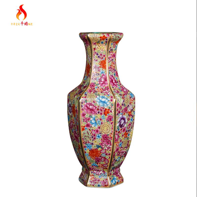 Chinese classical jingdezhen chinaware paint mesa vase archaize qianlong sitting room adornment is placed hexagonal bottles