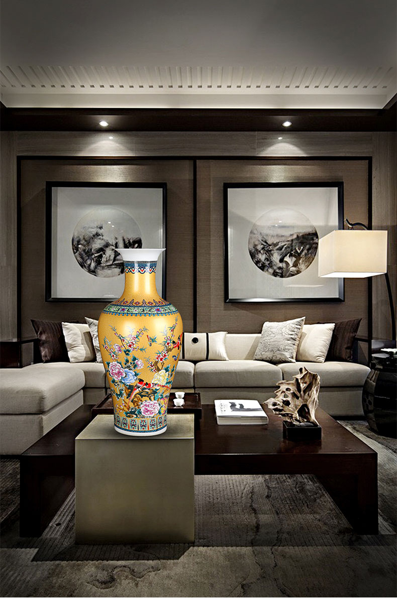 Jingdezhen ceramics yellow colored enamel big vase painting of flowers and household flower arrangement sitting room adornment TV ark, furnishing articles