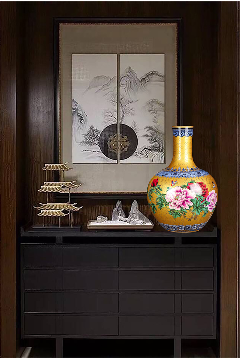 Jingdezhen ceramics vase golden pearl glaze peony new Chinese style household flower arranging rich ancient frame is placed in the living room