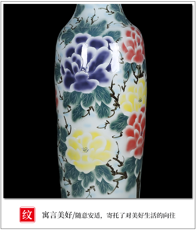 Thousands of flame jingdezhen ceramics of large vase hand carved the riches and honor peony flowers home furnishing articles in the living room